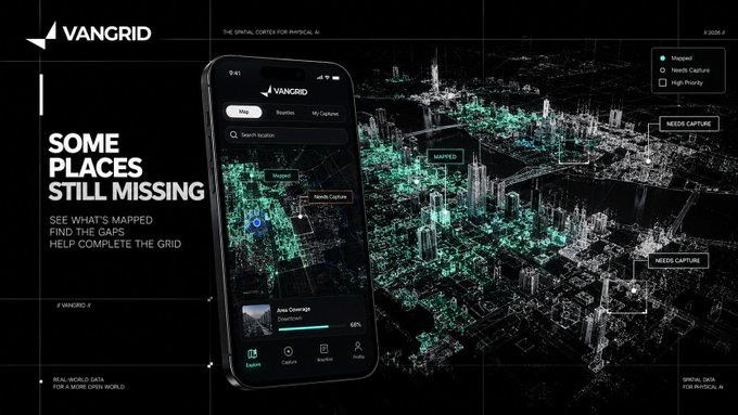 A promotional graphic for VANGRID displays the text 'SOME PLACES STILL MISSING' and 'SEE WHAT'S MAPPED, FIND THE GAPS, HELP COMPLETE THE GRID' alongside a smartphone mockup and a dark, digital city map highlighting 'MAPPED' and 'NEEDS CAPTURE' areas.