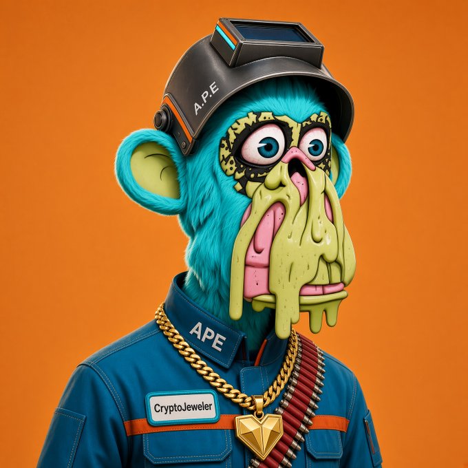 A stylized 3D illustration of a blue Bored Ape character wearing an 'APE' branded cap and uniform, a gold chain with a diamond pendant, and a name tag reading 'CryptoJeweler'.