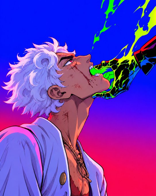 Anime-style illustration of a white-haired character in a white shirt with red marks on his face, having green glowing energy poured into his mouth from a hand against a vibrant blue and pink gradient background.