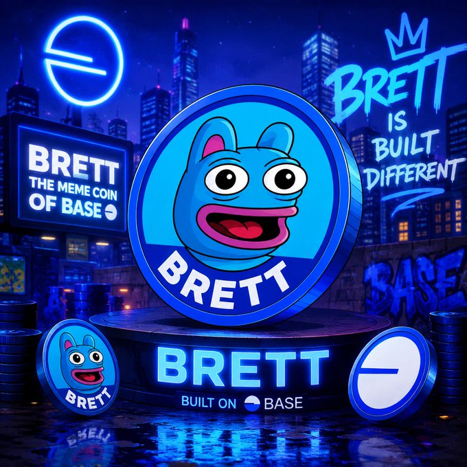 A promotional graphic for the meme coin 'BRETT', labeled as 'THE MEME COIN OF BASE', with the tagline 'BRETT IS BUILT DIFFERENT' set against a neon cityscape.