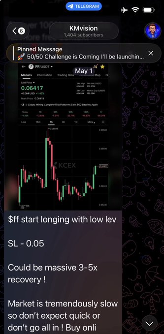 A Telegram screenshot from KMvision channel shows a trading chart for the FF/USDT pair on BitMart, where the price is down 1.42% at 0.06417, accompanied by a post recommending long entries with a stop-loss of 0.05 and projecting a "massive 3-5x recovery." This aligns with the accompanying caption promoting a near 3x gain and urging users to join the Telegram channel for the next trade alert.