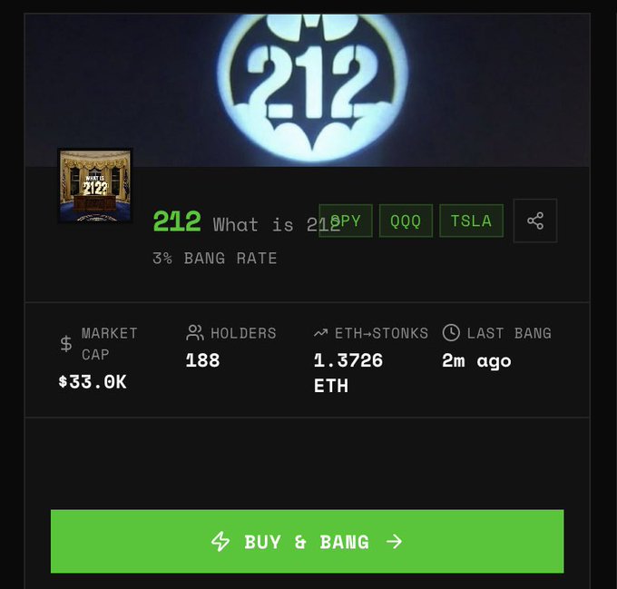 A cryptocurrency meme coin webpage featuring a '212' logo, displaying a 3% BANG RATE, market cap of $33.0K, 188 holders, and a green 'BUY & BANG' button.