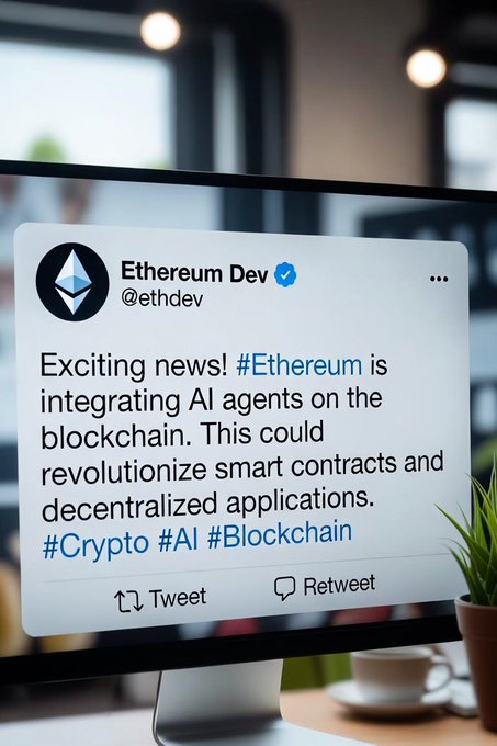 A computer monitor displays a tweet from "Ethereum Dev (@ethdev)" announcing Ethereum's integration of AI agents on the blockchain, featuring hashtags #Ethereum, #Crypto, #AI, and #Blockchain, with a blurred office background and coffee cup visible. The tweet aligns with the post's announcement about ERC-8004 enabling AI agents to operate on-chain with portable identities and reputation systems.