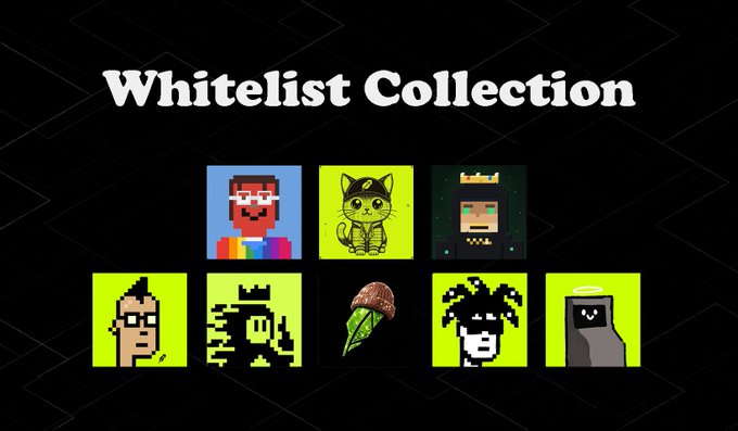 The image displays "Whitelist Collection" as a header above a grid of nine pixel-art NFT characters on lime green backgrounds, including figures like a person in color blocks, a green cat, a queen, an ice cream cone, and various other cartoonish portraits. These pixel-art avatars serve as the whitelist/holder mint lineup for the "bro" collection on OpenSea, as referenced in the accompanying mint announcement.