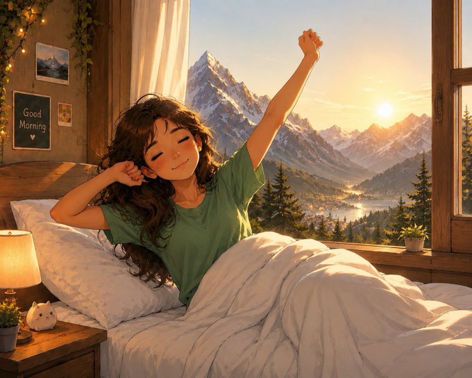 An anime-style illustration of a smiling girl with dark hair stretching in bed by a window with a scenic view of snow-capped mountains at sunrise, with a 'Good Morning' chalkboard sign nearby.