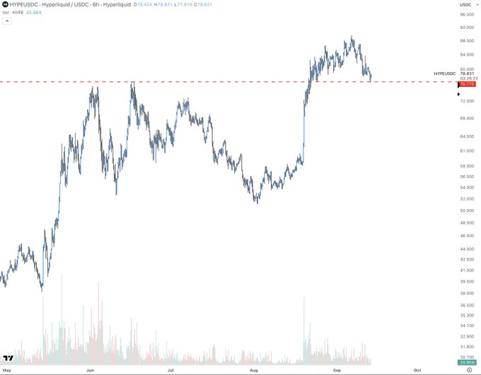 A 6-hour candlestick chart of HYPE/USDC on Hyperliquid shows the price retesting a horizontal resistance around the $79.83 level after a strong rally from May lows, with a marked current price of $79.951 and 24-hour volume of 25.86K—aligning with the post's bullish thesis of basing out before targeting $100.