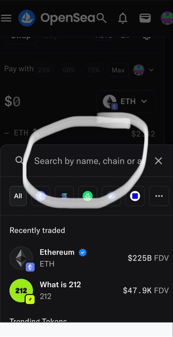 A screenshot of the OpenSea NFT marketplace interface showing search results with a drawn white circle highlighting filter icons, and listings for 'Ethereum' and 'What is 212'.