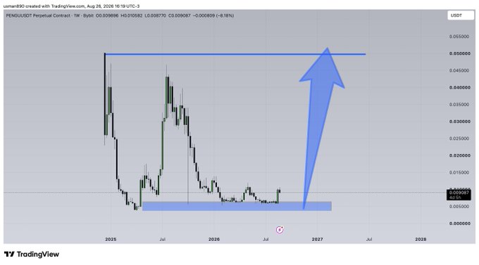 A TradingView weekly candlestick chart of PENGU/USDT Perpetual Contract displaying a massive blue arrow projecting from a highlighted support base near $0.005 to a horizontal resistance around $0.05, visually illustrating the bullish "Penguins will fly" thesis.