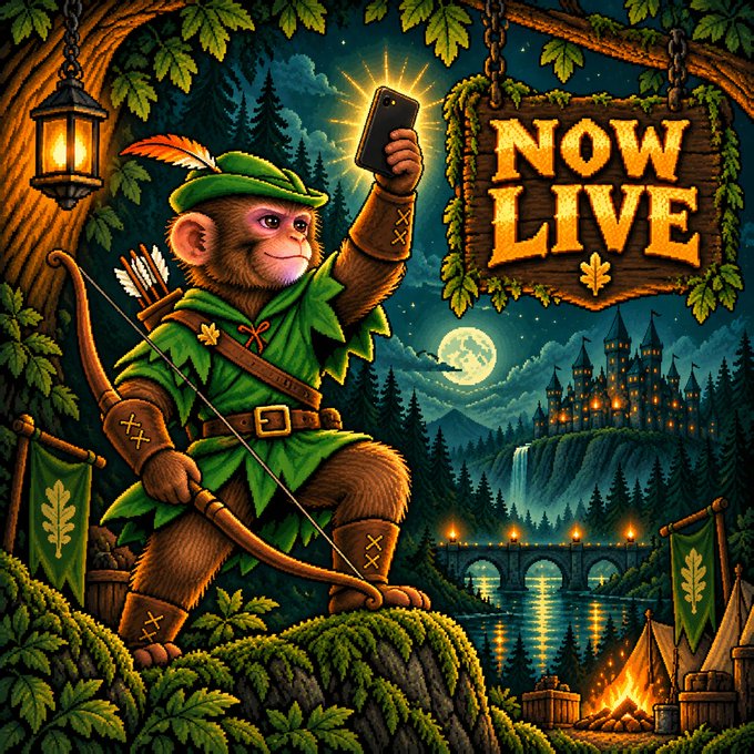 An illustrated 'NOW LIVE' banner featuring a Robin Hood-style monkey holding a smartphone and bow in a fantasy forest setting.
