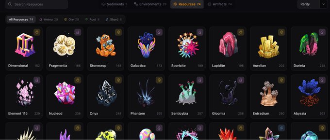 A screenshot of a digital resources collection showing various crystal and gem-like items including Dimensional, Fragmentia, Stonecrop, Galactica, Sporicite, Lapidite, Aurelian, Durinia, Element 115, Nucleod, Onyx, Phantom, Senticybia, Gloomia, Entradium, and Abyssia.