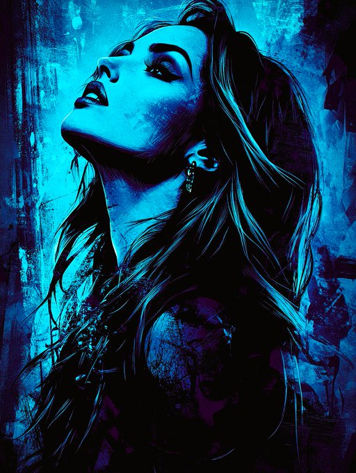 A stylized blue-toned digital illustration of a woman with her head tilted back, dark lipstick, and long flowing hair.