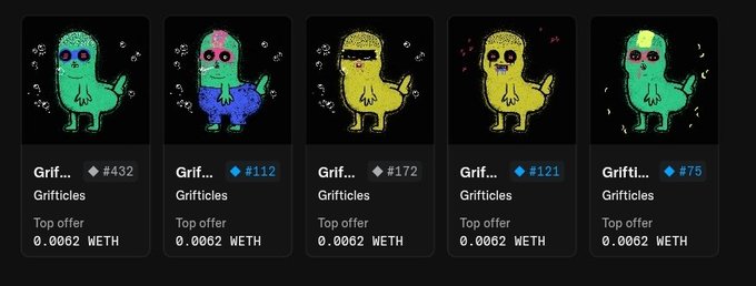 Five NFT listings titled 'Grifticles' displayed as glowing cartoon creatures in various colors (teal, blue, yellow, green), each priced at 0.0062 WETH with different offers ranging from 75 to 432.