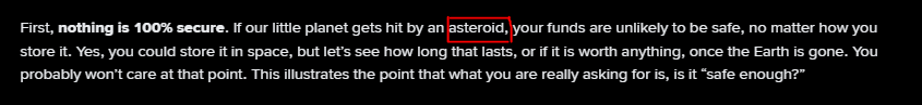 A screenshot of a passage stating "First, nothing is 100% secure. If our little planet gets hit by an asteroid, your funds are unlikely to be safe..." with the word "asteroid" highlighted in a red box, visually emphasizing the keyword the user noticed in CZ's post.