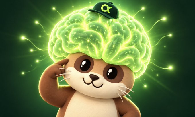 A cute cartoon otter character wearing a green baseball cap with the "α" alpha symbol, with a glowing green brain emitting light beams replacing its head.