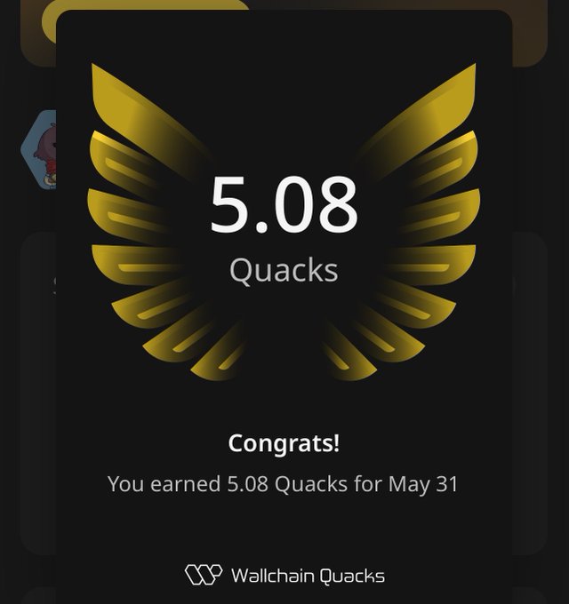 The image shows a post from Wallchain Quacks, where they are announcing that someone has earned 5.08 Quacks for May 31st. This achievement is being celebrated with an award-like logo featuring a golden bird's wing design. The post also mentions that the Grind is paying off who is stacking Quacks right now.