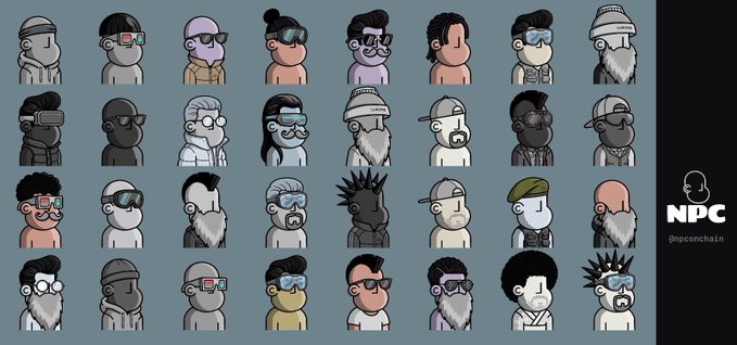 A grid of 32 cartoon NPC character avatars labeled 'NPC' by @npconchain, featuring various stylized figures with sunglasses, hats, and distinct hairstyles on a blue background.