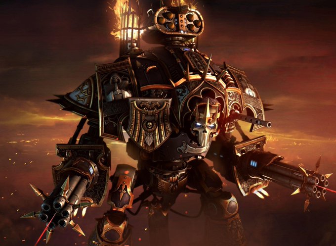 A massive, ornate mechanical warrior stands against a fiery sky, equipped with multiple gun barrels and glowing red weapons.