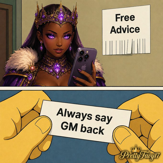 A two-panel illustration: the top shows an anime-style crowned queen with purple gems holding a phone next to a 'Free Advice' sign, and the bottom shows cartoon hands holding a paper reading 'Always say GM back', credited to PrettyFavy17.