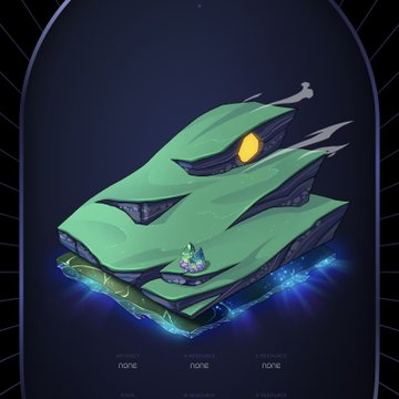 A stylized digital illustration of a floating green rock formation with glowing blue energy beneath it and a small crystal on top, set against a dark purple background.