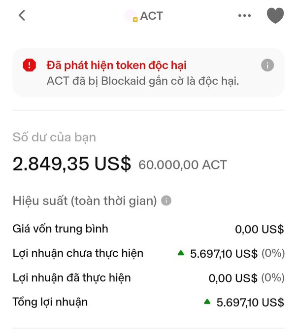 A Vietnamese-language crypto portfolio screen showing an ACT token position with a balance of 2,849.35 US$ and a warning that ACT has been flagged as a toxic token by Blockaid.