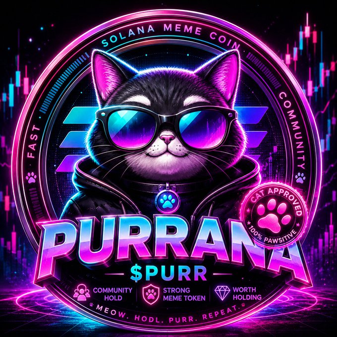 A vibrant neon-styled logo for 'PURRA' ($PURR), a Solana meme coin, featuring a black cat wearing reflective sunglasses with text including 'FAST', 'COMMUNITY', 'CAT APPROVED 100% PAWSITIVE', and 'MEOW. HODL. PURR. REPEAT.'