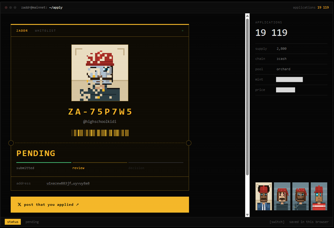 A dark-themed web interface for a 'ZADOR WHITELIST' application showing a pixel art character NFT with the ID 'ZA-75P7WS', a pending status, and application number 19,119.