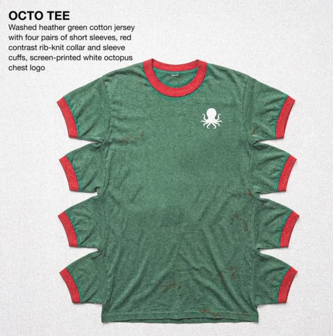 A product image showcases a 'green heather cotton jersey' t-shirt called 'OCTO TEE' featuring four pairs of short sleeves, red contrast rib-knit collar and cuffs, and a white octopus logo on the chest.