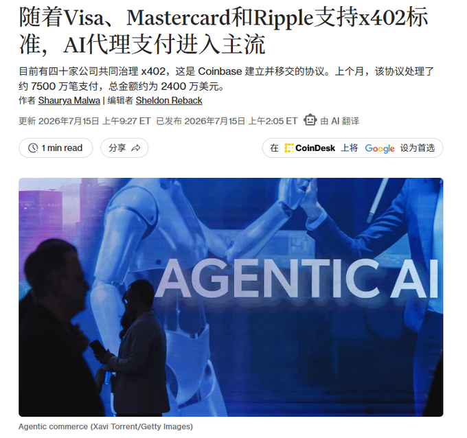 A Chinese-language CoinDesk article titled '随着Visa、Mastercard和Ripple支持x402标准，AI代理支付进入主流' (As Visa, Mastercard and Ripple support the x402 standard, AI agent payments go mainstream).