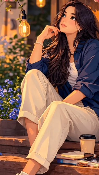 An anime-style illustration of a young woman with long dark hair sitting on wooden steps in a blue shirt and cream pants, with a coffee cup and books beside her, surrounded by hanging Edison bulbs and flowers.