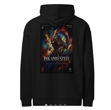 A black hoodie displays a graphic poster titled 'INK ANDI STEEL' featuring a dark figure surrounded by flames and the tagline 'A SIDE QUEST FROM THE MAIN ONE'.