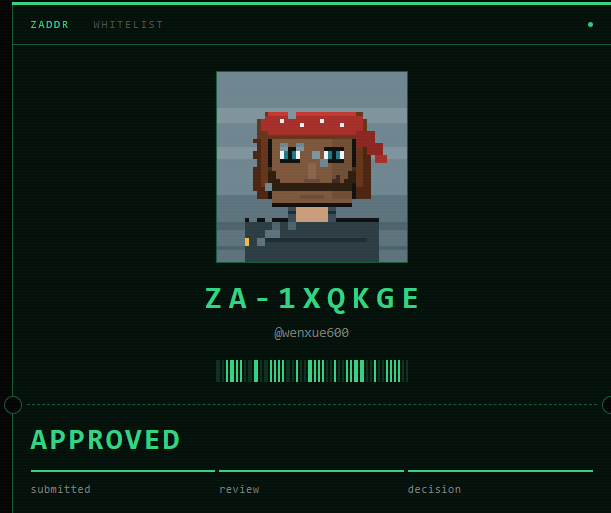 A ZADDR whitelist approval screen showing a pixel art avatar of a bearded character wearing a red bandana, with the approved address code ZA-1XQKGE for user @venxue600.