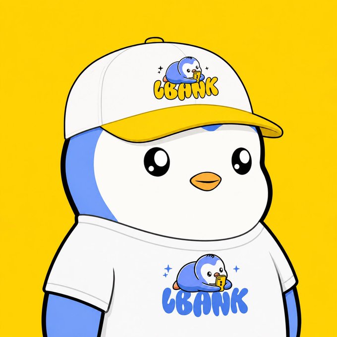 A cute cartoon penguin wearing a "CBANK" hat and t-shirt, holding a phone in its logo. The image plays on the post's joke about using $PENGU tokens as collateral for a house, imagining a future where Pudgy Penguins partner with CBANK for real-world lending.