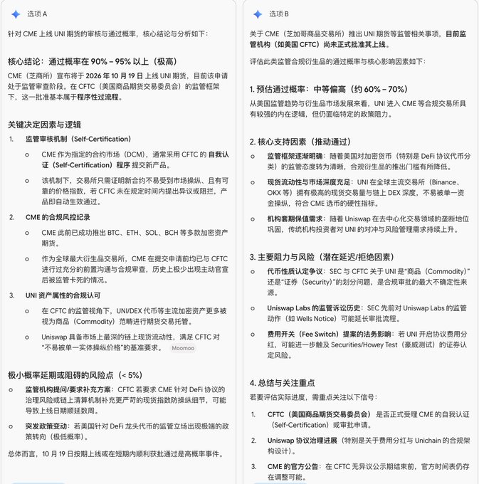 A Chinese-language comparison analysis (Options A and B) discussing the probability and impact of CFTC approval for CME UNI futures and Uniswap Labs' regulatory status.