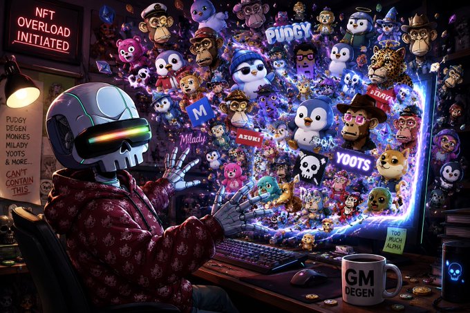 A vibrant, neon-lit digital artwork showing a figure in a VR headset interacting with a chaotic stream of NFT characters and meme images, with a glowing sign reading 'NFT OVERLOAD INITIATED'.