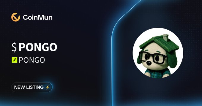A CoinMun promotional banner announces the new listing of $PONGO (PONGO), featuring the project's mascot—a bespectacled dog-like character in a green checkered outfit—alongside a "NEW LISTING" tag and the CoinMun logo on a dark background.