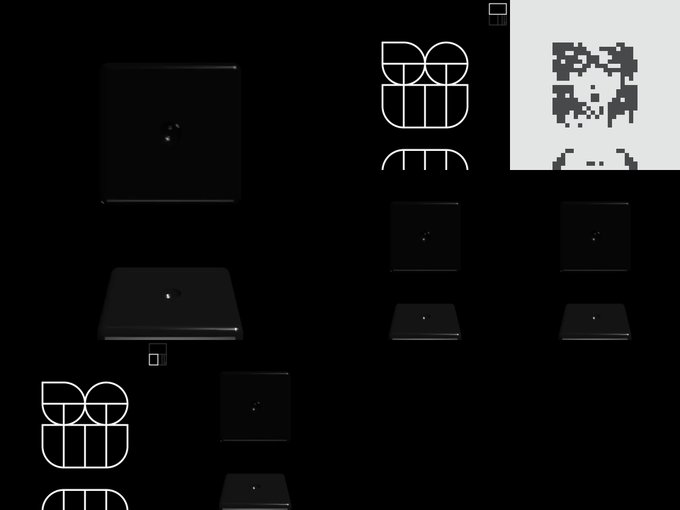 A collection of minimalist black and white graphic design assets is displayed, including 3D cubes, geometric line art, and a pixel-art skull.