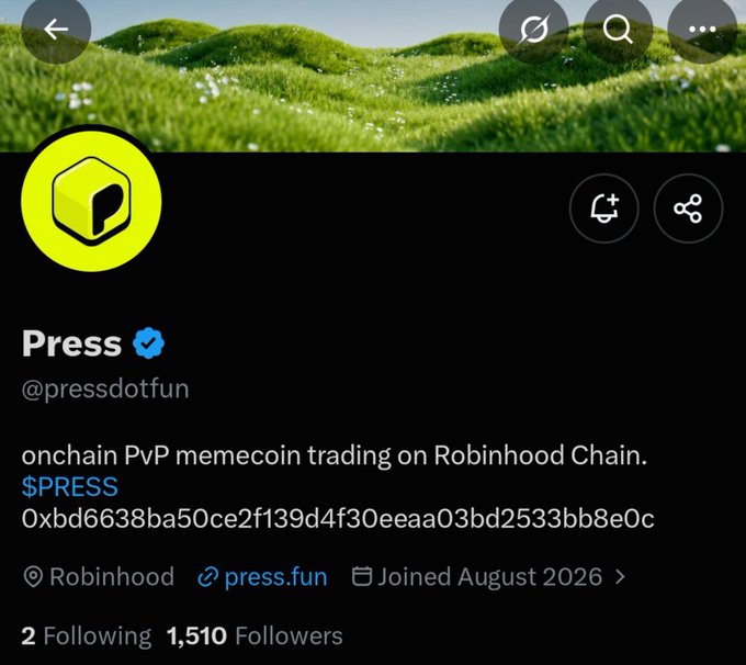 A Twitter/X profile page for "Press" (@pressdotfun), verified account with 1,510 followers, describing itself as "onchain PvP memecoin trading on Robinhood Chain" with the $PRESS ticker and wallet address 0xbd6638ba50ce2f139d4f30eeaa03bd2533bb8e0c, joined August 2026. The image directly supports the post about a notable "hood runner" in the $PRESS memecoin community, likely referencing the project's own trading activity on Robinhood Chain.