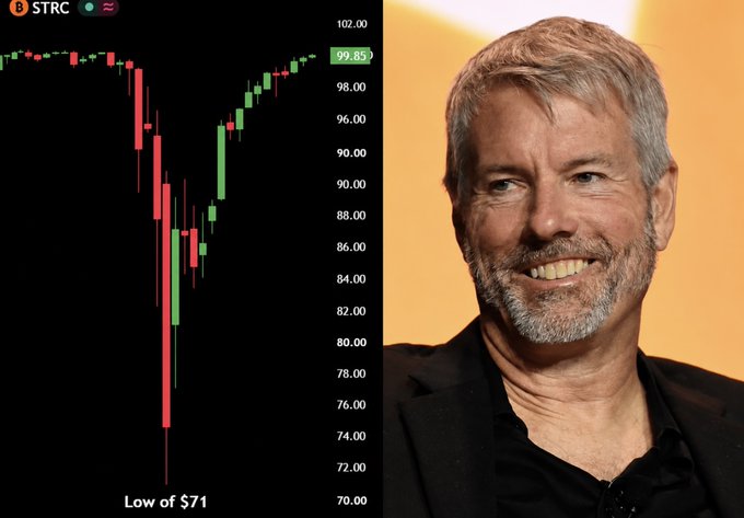 The image shows a stock chart for $STRC displaying a recent low of $71 and a current price of $99.85, alongside a photo of MicroStrategy founder Michael Saylor. The chart visually supports the post's claim about $STRC reaching a 5-month high near $100, the threshold mentioned for Strategy to resume aggressive Bitcoin purchases.