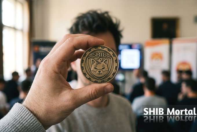 A person holds up a Shiba Inu (SHIB) themed commemorative coin at what appears to be a crypto event, with "SHIB Mortal" text overlaid.