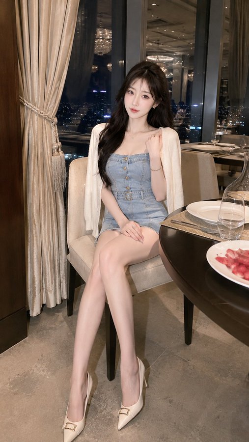 A young woman in a denim dress and white cardigan sits elegantly at a restaurant table with a plate of sliced raw meat and wine glasses.