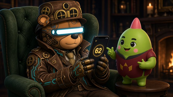 A digital illustration of a steampunk-style bear wearing goggles and brass mechanical armor sitting in an armchair while holding a smartphone, accompanied by a green cartoon character in red armor standing on a side table.