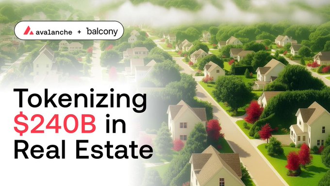 The image features an aerial view of a residential neighborhood with houses situated along a street that runs through a park area. The text below the image emphasizes the current trend in real estate, where $240B in on-chain transactions are happening, highlighting a significant increase in property values and sales over the past few months or years. This data is provided by Avalanche Real Estate, which has seen record growth with an $14M raise to fund their operations.