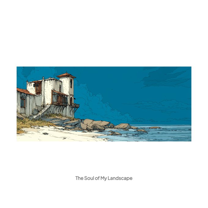 A comic-style illustration of a weathered coastal house perched on rocky shoreline beneath a deep blue sky, accompanied by the caption "The Soul of My Landscape." The evocative artwork aligns with the title, capturing a serene yet solitary seaside scene that visually embodies the introspective mood suggested by the collection name.