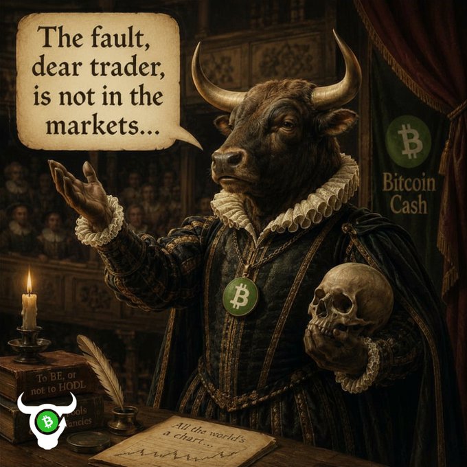 A classical painting-style illustration of a bull-headed figure in Elizabethan ruffled attire holding a skull, with a speech bubble reading 'The fault, dear trader, is not in the markets...', a Bitcoin Cash banner in the background, and a book labeled 'To BE, or not to HODL' on the desk.