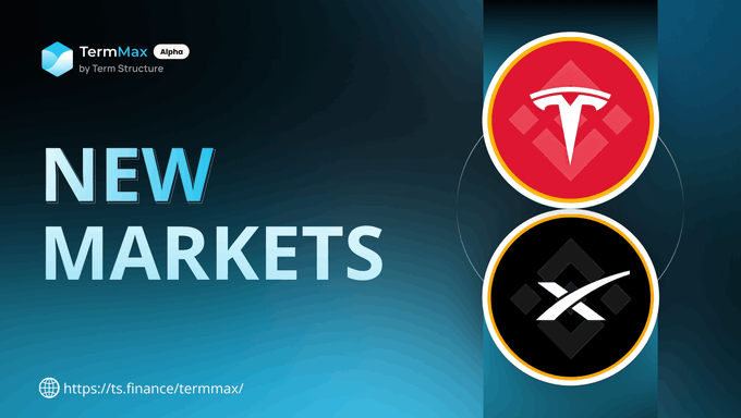 A promotional graphic with a dark blue background featuring the text 'NEW MARKETS' and 'TermMax Alpha by Term Structure', alongside two circular cryptocurrency logos (one red with a 'T' symbol, one black with a 'Z' symbol) and a URL.
