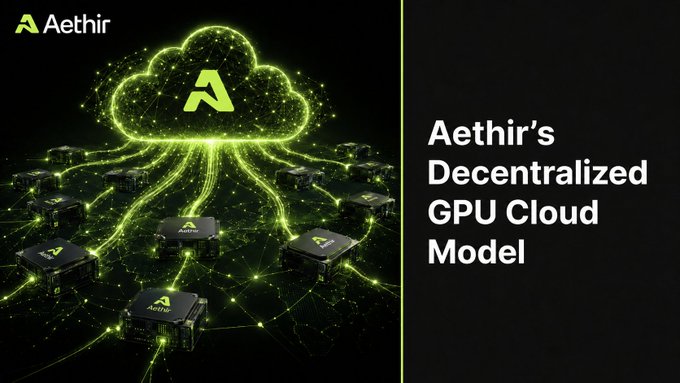 The image shows a graphic representation of a cluster of square black and white cubes stacked atop each other, forming an upward-pointing cloud shape. The word "Aethir" is visible at the top of the image. Below this, there's text that reads "Meta recently committed 6 gigawatts to AMD Instinct GPUs", followed by "The centralized GPU production duopoly is real, and so is the GPU hardware concentration risk. At Aethir, we leverage decentralized GPU cloud architecture". The main focus of the image appears to be on the cluster of cubes representing a central processing unit or graphics processing unit (GPU), highlighting the use of this type of architecture in parallel computing systems for data-intensive tasks such as machine learning and artificial intelligence applications.