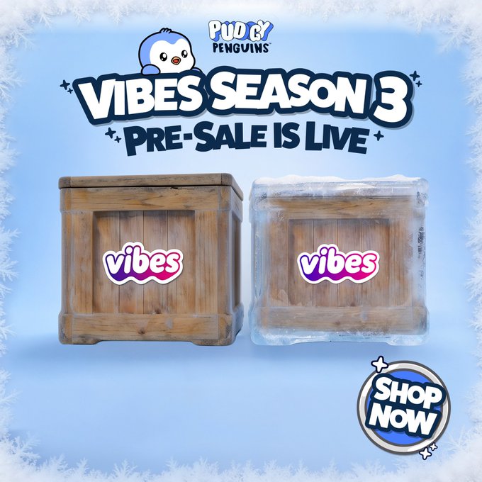 The image features two wooden boxes, one of which is covered with plastic wrap while the other remains uncovered. The text "Vibes Season 3" is displayed above the boxes, indicating that this is a promotional image for the Vibes Season 3 video game series. The caption below the image reads "TCG is one of the few narratives that hasn't fully kicked off yet Vibes Season 3 just dropped and Pudgy keep showing up early to everythin". This suggests that the post is related to the release of a new video game, with the focus on the game's title and its connection to the promotional image.