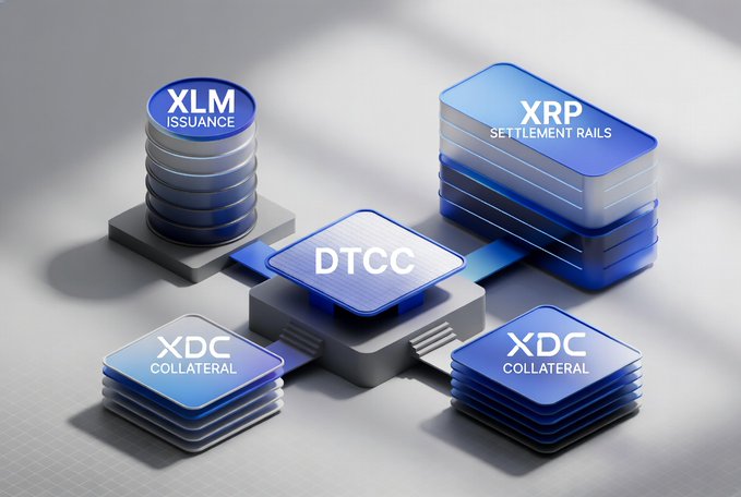 A 3D diagram showing blockchain integration with traditional finance, featuring XLM (Issuance), XRP (Settlement Rails), DTCC, and XDC (Collateral) modules connected together.