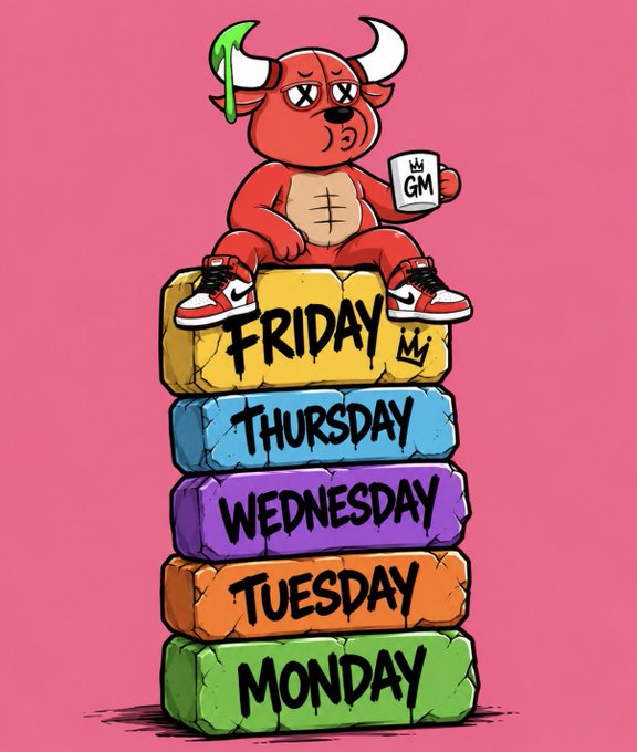 A cartoon illustration shows a red bull-like character wearing sneakers sitting atop a stack of colorful blocks labeled "MONDAY," "TUESDAY," "WEDNESDAY," "THURSDAY," and "FRIDAY," holding a mug marked "GM."