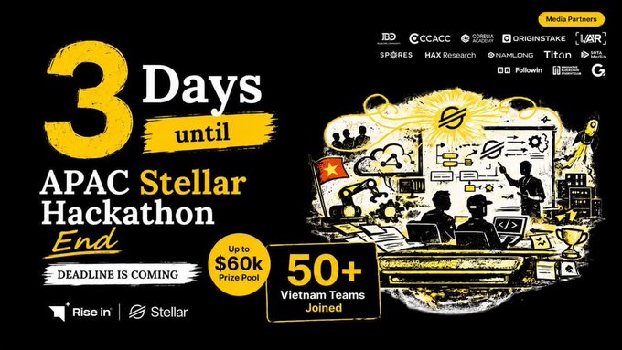 A promotional graphic announcing '3 Days until APAC Stellar Hackathon End' with up to a $60k prize pool, featuring logos of media partners like CCCACC, OriginStake, and SPORES.